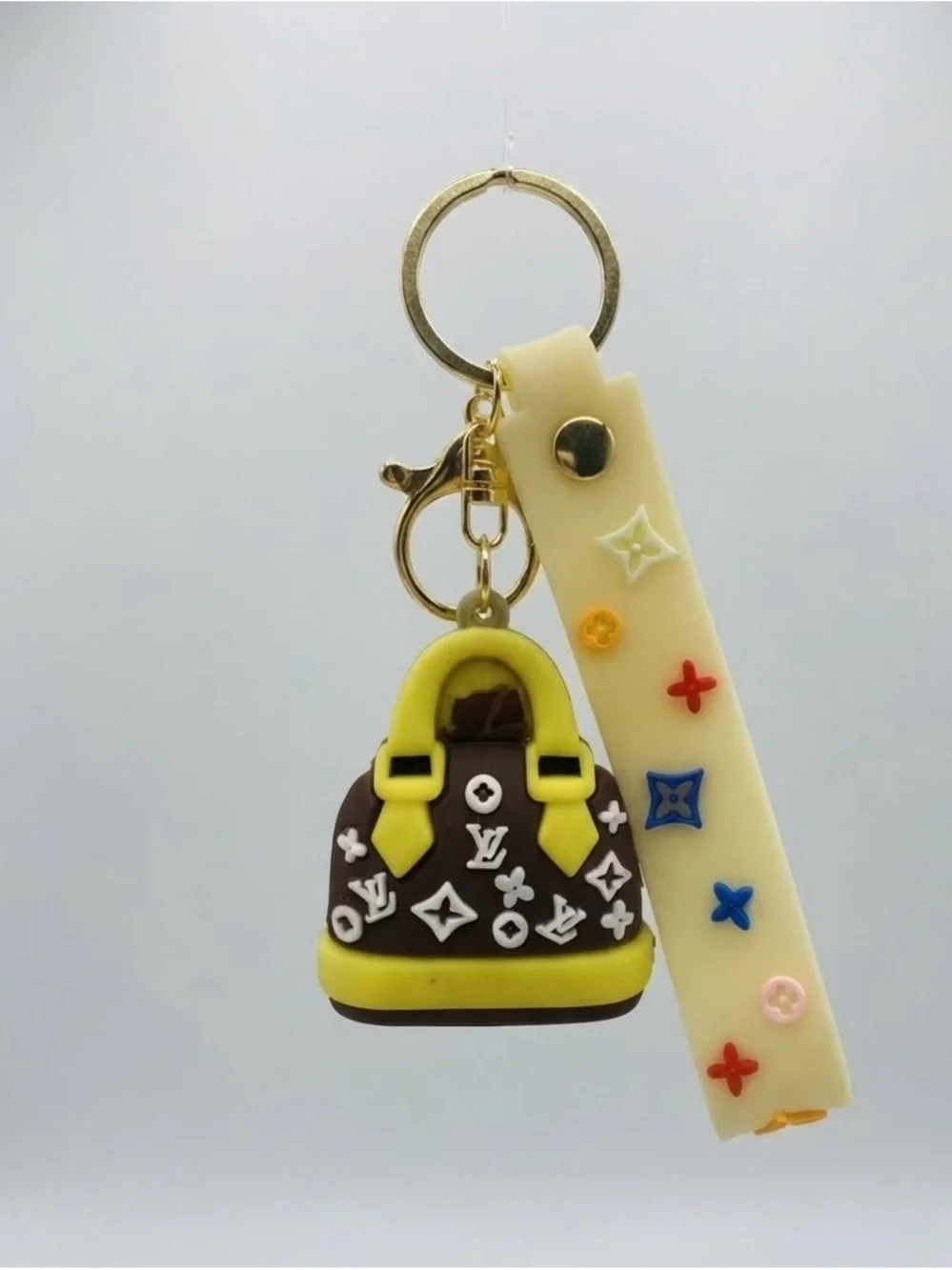 Yellow and Brown Kids Handbag Keychain with Cream Strap
